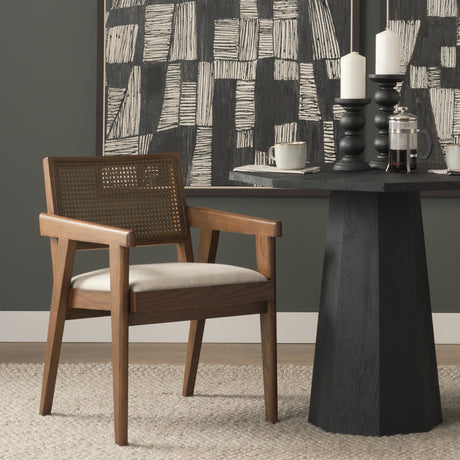 Reid Framed Brown Cane Cream Fabric Dining Armchair from Mercana - Luna Furniture