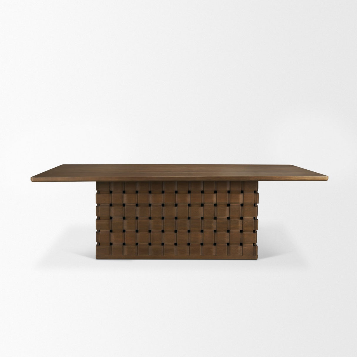 Trellyn 94" Dark Brown Solid Wood Carved Woven Base Rectangular Dining Table from Mercana - Luna Furniture