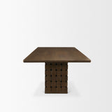 Trellyn 94" Dark Brown Solid Wood Carved Woven Base Rectangular Dining Table from Mercana - Luna Furniture