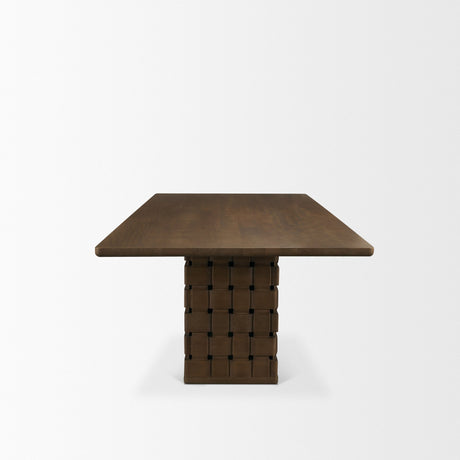 Trellyn 94" Dark Brown Solid Wood Carved Woven Base Rectangular Dining Table from Mercana - Luna Furniture