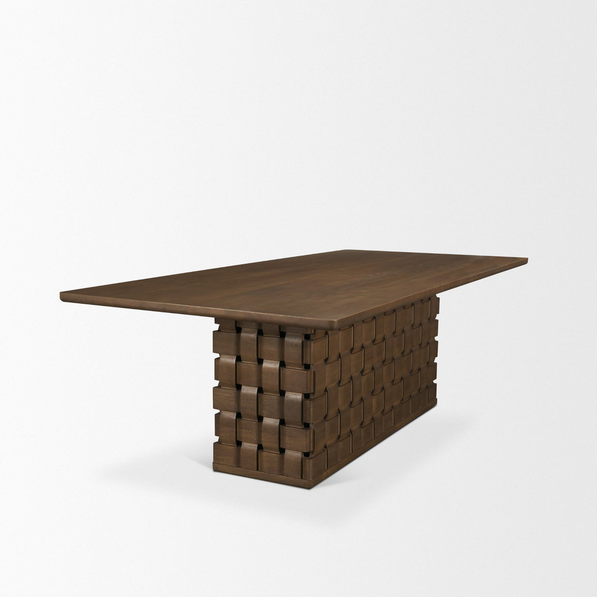 Trellyn 94" Dark Brown Solid Wood Carved Woven Base Rectangular Dining Table from Mercana - Luna Furniture