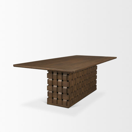 Trellyn 94" Dark Brown Solid Wood Carved Woven Base Rectangular Dining Table from Mercana - Luna Furniture