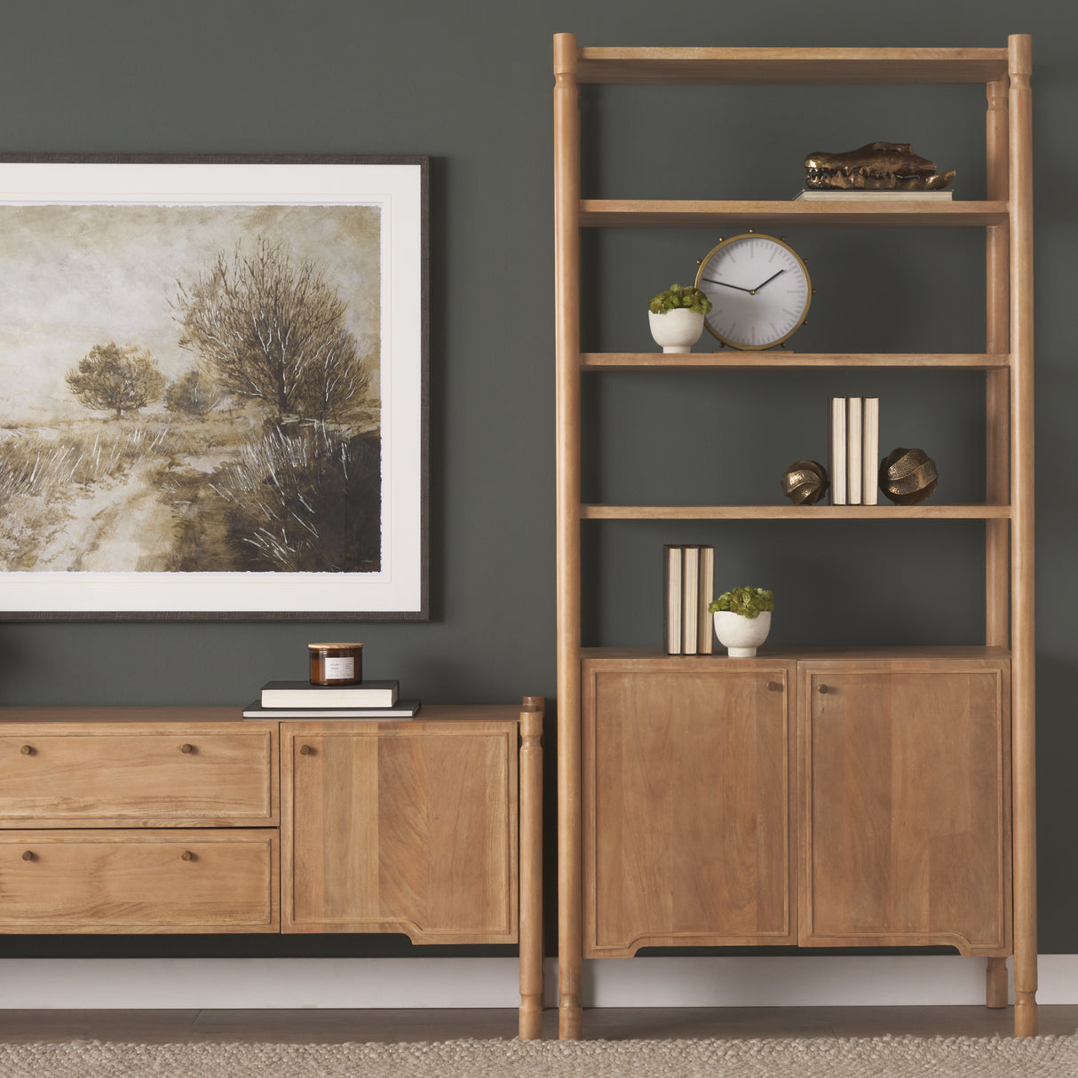 Phil Light Brown Wood 2 Door 3 Shelves Open Shelving Unit from Mercana - Luna Furniture