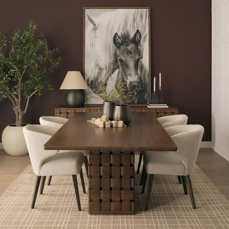 Trellyn 94" Dark Brown Solid Wood Carved Woven Base Rectangular Dining Table from Mercana - Luna Furniture