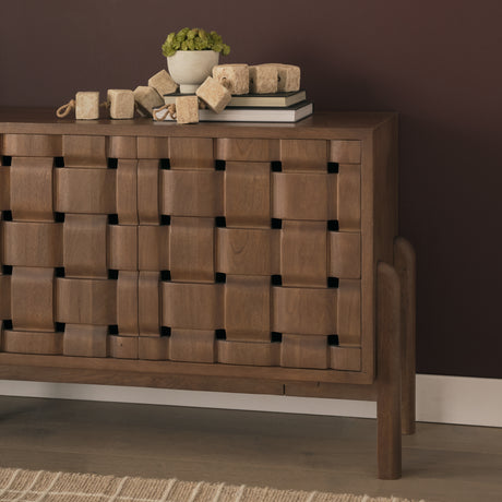 Trellyn Dark Brown Solid Wood 4-Door w/ Carved Woven Doors Closed Sideboard from Mercana - Luna Furniture