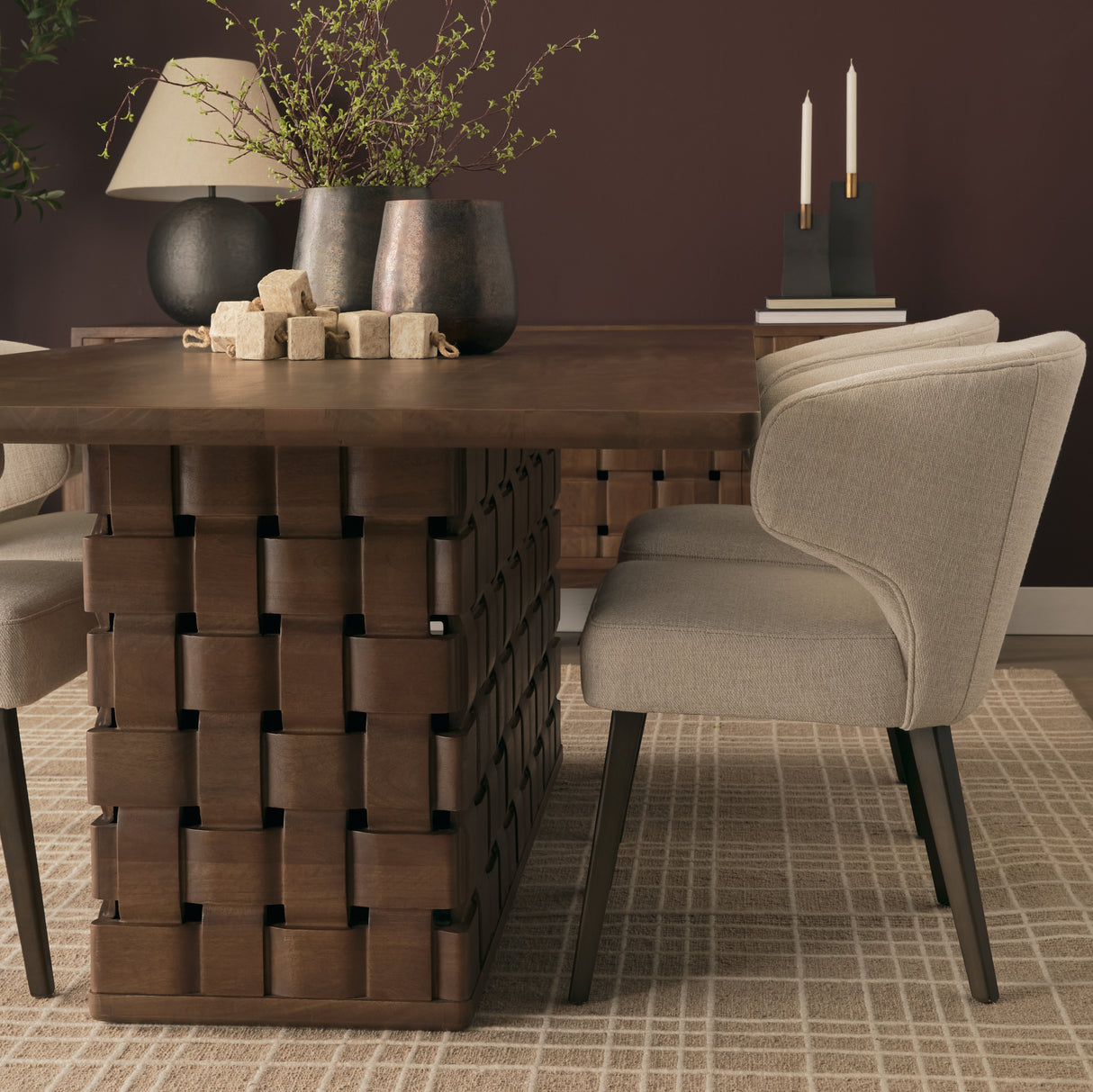 Trellyn 94" Dark Brown Solid Wood Carved Woven Base Rectangular Dining Table from Mercana - Luna Furniture