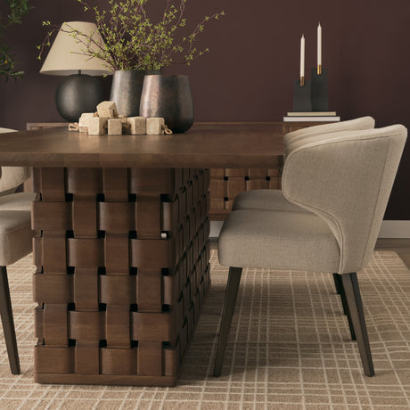 Trellyn 94" Dark Brown Solid Wood Carved Woven Base Rectangular Dining Table from Mercana - Luna Furniture