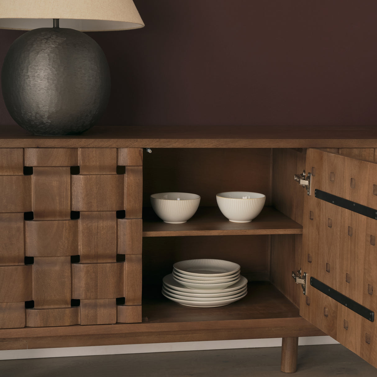 Trellyn Dark Brown Solid Wood 4-Door w/ Carved Woven Doors Closed Sideboard from Mercana - Luna Furniture