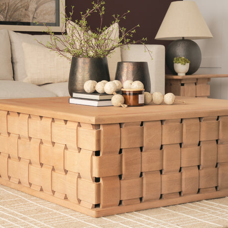Trellyn 48" Light Brown Wood w/ Carved Woven Base Square Coffee Table from Mercana - Luna Furniture