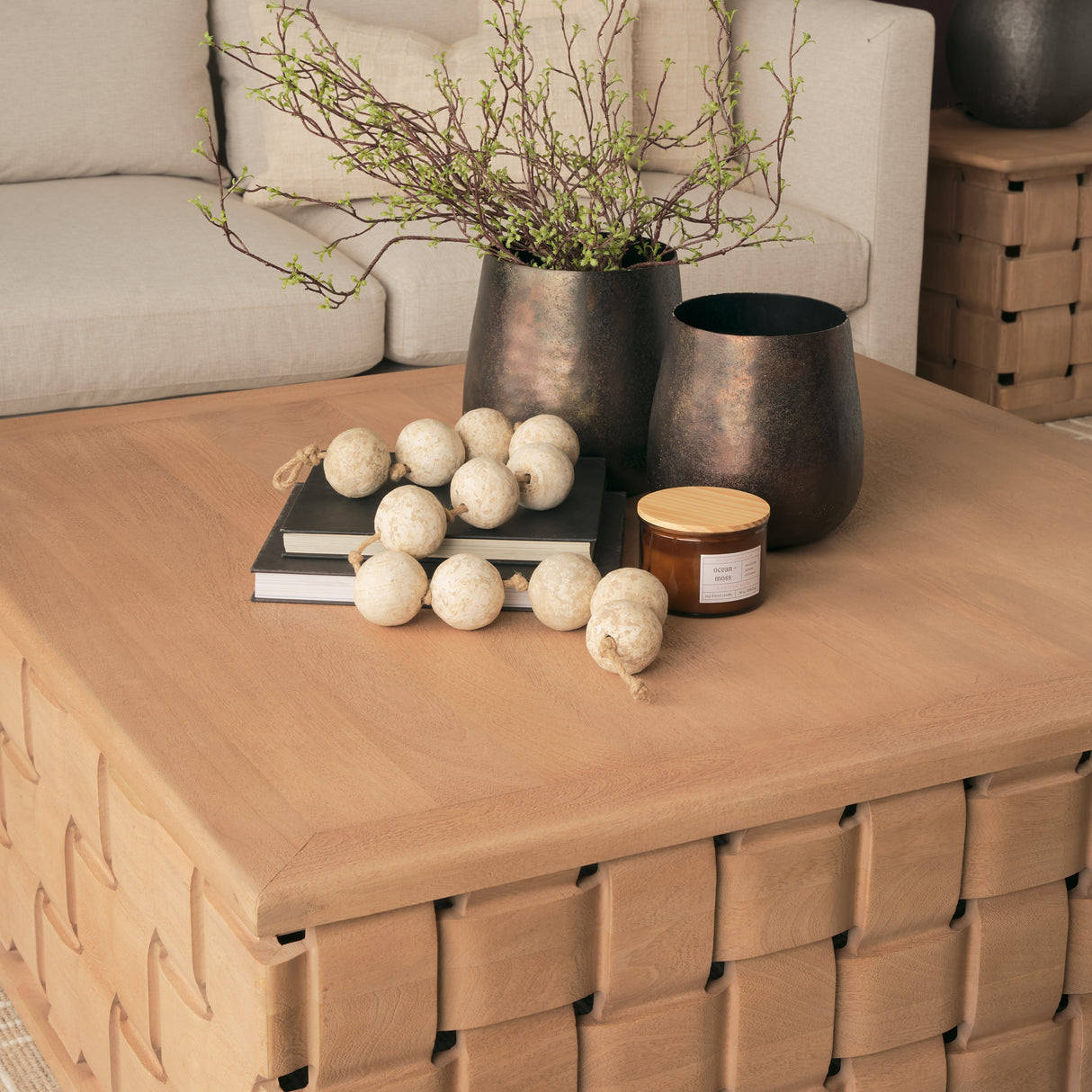 Trellyn 48" Light Brown Wood w/ Carved Woven Base Square Coffee Table from Mercana - Luna Furniture