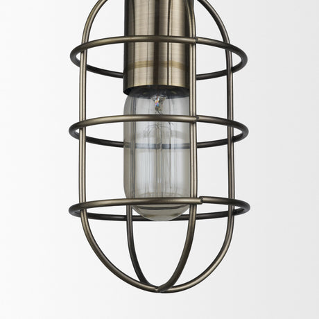 Hines I 4x8 Antiqued-Brass Metal Cage Pendant Light from Mercana - Luna Furniture