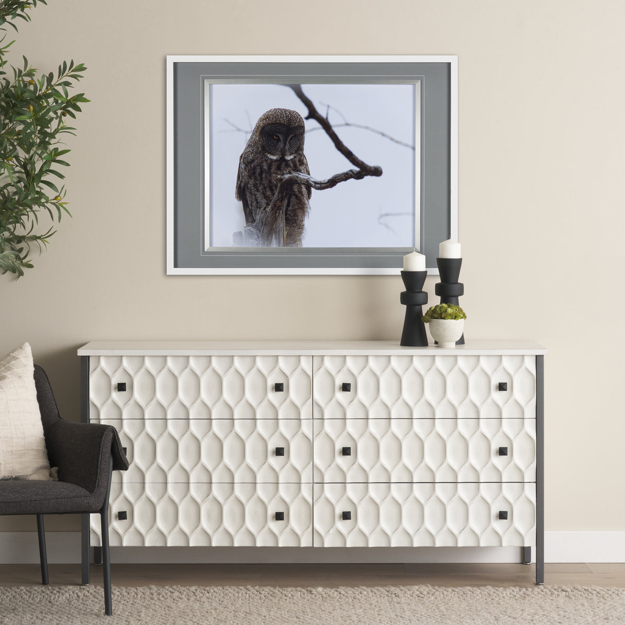 Grey Owl by Chad Mackay a Hand Embellished Textured Framed Photo Art Print Matted under Glass from Mercana - Luna Furniture