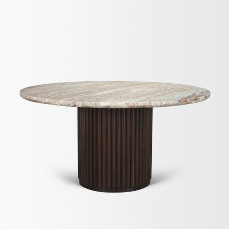 Marbrello 60" Pink Marble Top Espresso Brown Fluted Wood Round Dining Table from Mercana - Luna Furniture