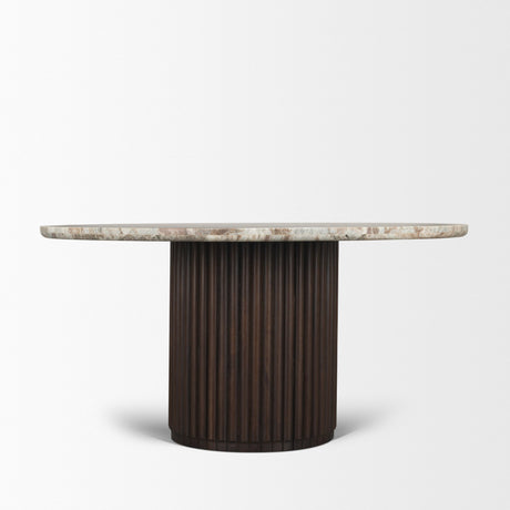 Marbrello 60" Pink Marble Top Espresso Brown Fluted Wood Round Dining Table from Mercana - Luna Furniture