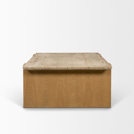 Milos Travertine Top w/ Light Brown Oak Wood Coffee Table from Mercana - Luna Furniture