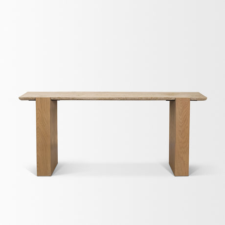 Milos Travertine Top w/ Light Brown Oak Wood Console Table from Mercana - Luna Furniture