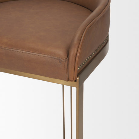 Hollyfield II Brown Leather Seat Gold Metal Base Bar Stool from Mercana - Luna Furniture