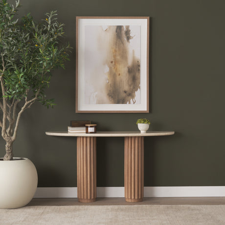 Marbrello Botticino Marble Top Light Brown Fluted Wood Half Moon Console Table from Mercana - Luna Furniture