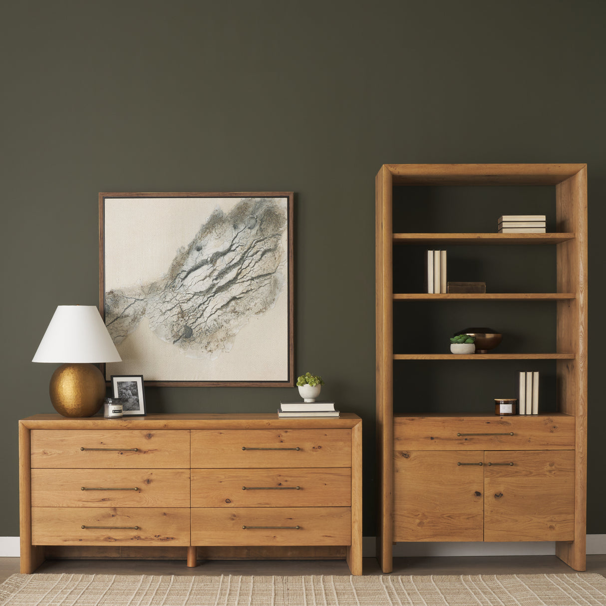 Belford 2-Door Open Light Brown Oak Wood Shelving Unit from Mercana - Luna Furniture