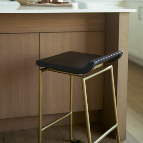 Givens 24.25"H Brown Wood Seat Gold Metal Frame Stool from Mercana - Luna Furniture