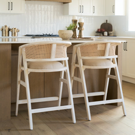 Tabitha 26.75" Seat Height Beige Fabric/Rattan Seat Blonde Wood Frame Counter Stool from Mercana - Luna Furniture