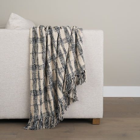 Pendle Cream w/ Woven Black Plaid Pattern Cotton Throw Blanket from Mercana - Luna Furniture