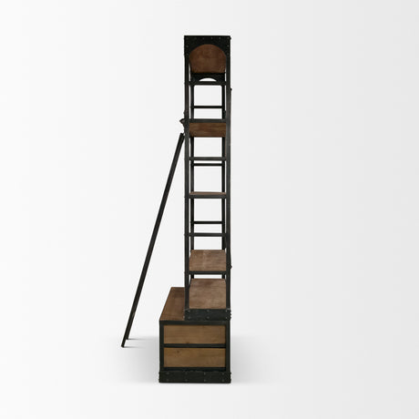 Brodie VIII 57L x 20.5W x 94H Brown Wood Gun-Metal Ladder Four Shelf Shelving Unit from Mercana - Luna Furniture