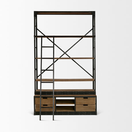 Brodie VIII 57L x 20.5W x 94H Brown Wood Gun-Metal Ladder Four Shelf Shelving Unit from Mercana - Luna Furniture