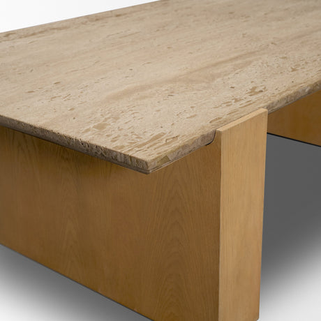 Milos Travertine Top w/ Light Brown Oak Wood Coffee Table from Mercana - Luna Furniture
