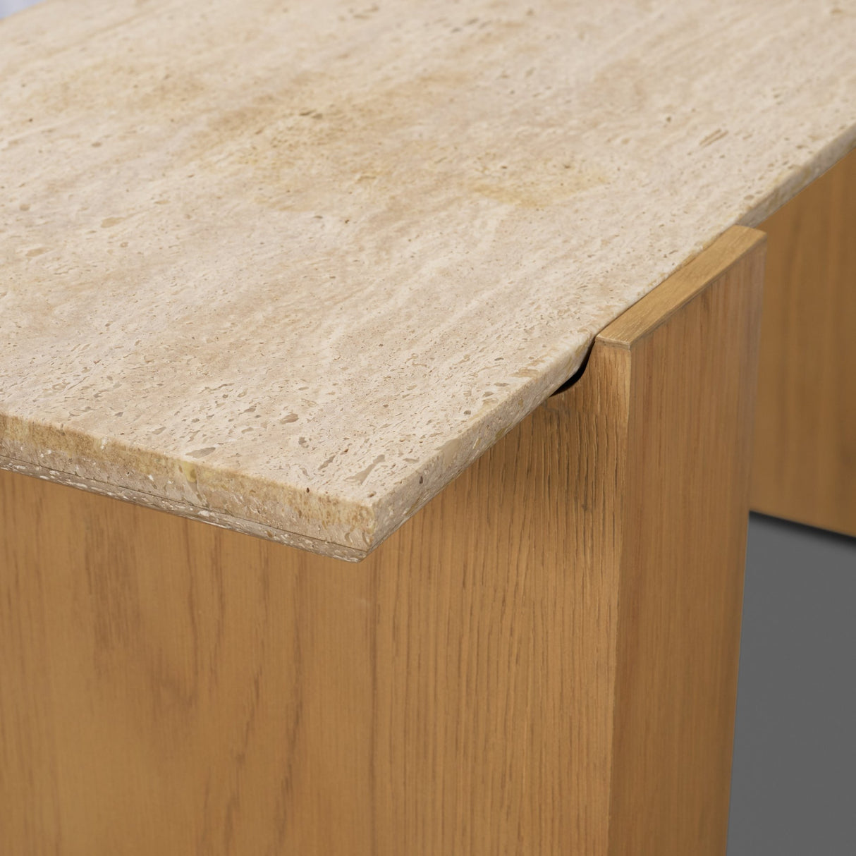 Milos Travertine Top w/ Light Brown Oak Wood Console Table from Mercana - Luna Furniture