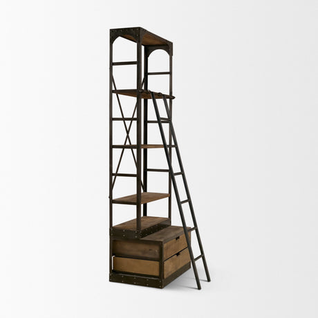 Brodie VII 32L x 22W x 94H Brown Wood Gun-Metal Bracing Four Shelf Shelving Unit from Mercana - Luna Furniture