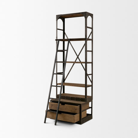Brodie VII 32L x 22W x 94H Brown Wood Gun-Metal Bracing Four Shelf Shelving Unit from Mercana - Luna Furniture