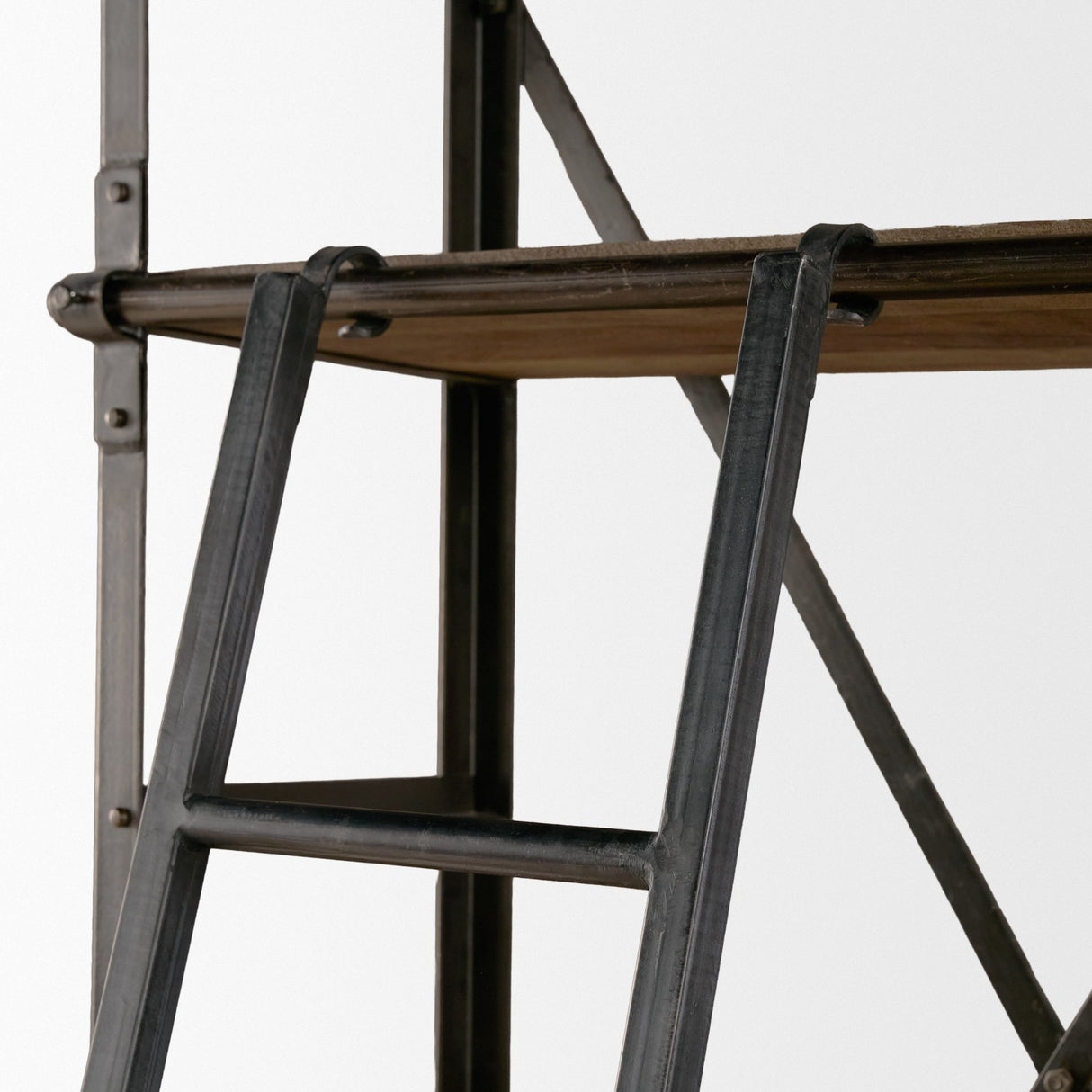 Brodie VII 32L x 22W x 94H Brown Wood Gun-Metal Bracing Four Shelf Shelving Unit from Mercana - Luna Furniture