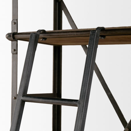 Brodie VII 32L x 22W x 94H Brown Wood Gun-Metal Bracing Four Shelf Shelving Unit from Mercana - Luna Furniture