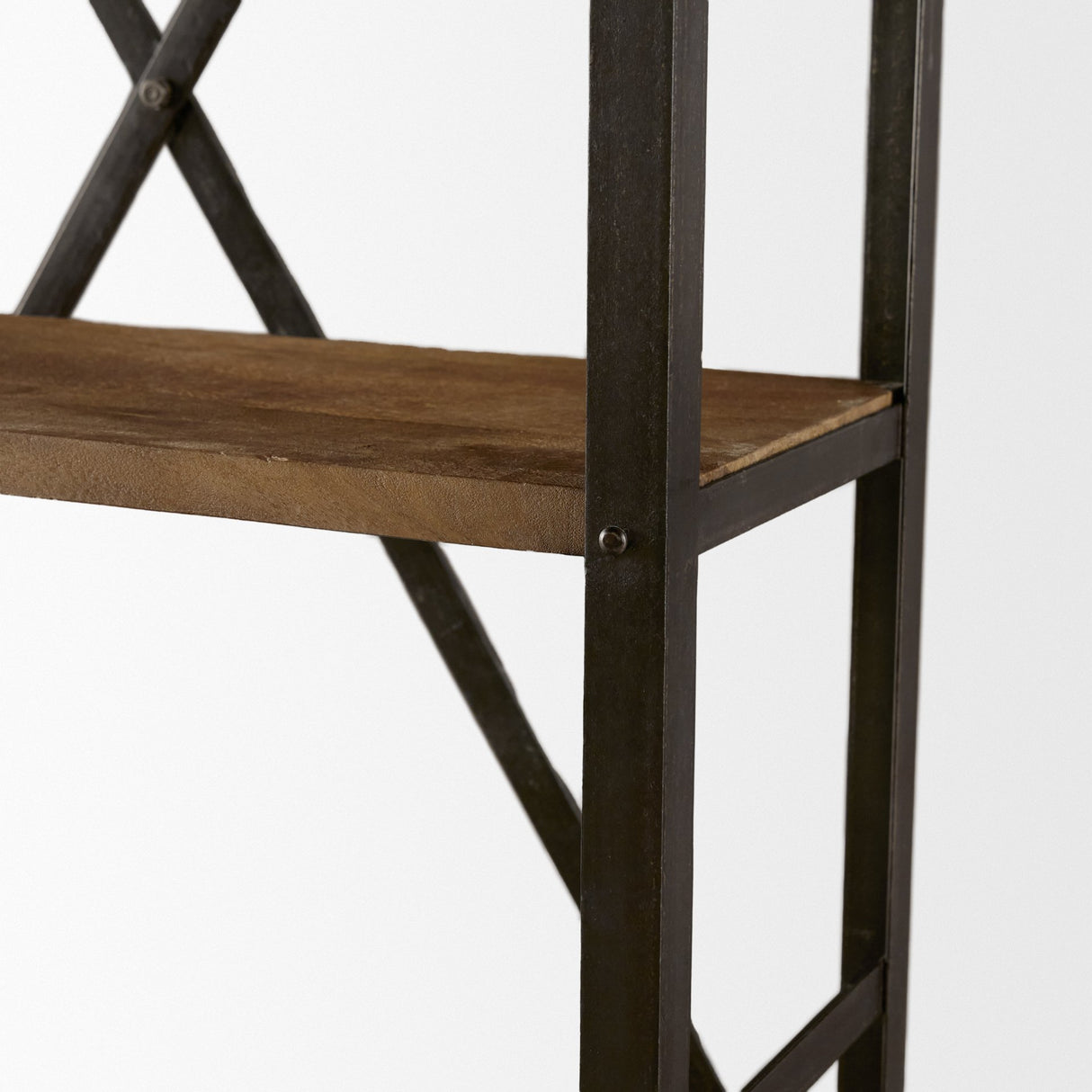 Brodie VII 32L x 22W x 94H Brown Wood Gun-Metal Bracing Four Shelf Shelving Unit from Mercana - Luna Furniture