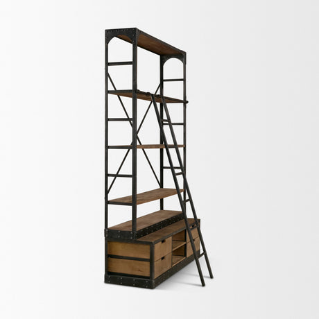 Brodie VIII 57L x 20.5W x 94H Brown Wood Gun-Metal Ladder Four Shelf Shelving Unit from Mercana - Luna Furniture