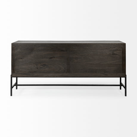 Arelius 70L x 18.75W x 32H Black-Brown Wood, Black Metal Base w/ 4 Glass Cabinet Doors Sideboard from Mercana - Luna Furniture