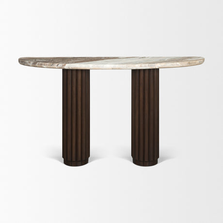 Marbrello Pink Marble Top Dark Brown Fluted Wood Half Moon Console Table Top from Mercana - Luna Furniture