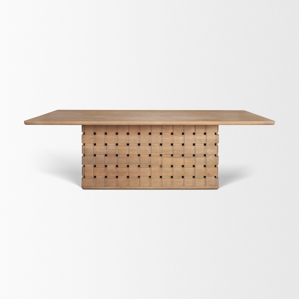 Trellyn 94" Light Brown Solid Wood Carved Woven Base Rectangular Dining Table from Mercana - Luna Furniture