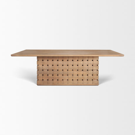 Trellyn 94" Light Brown Solid Wood Carved Woven Base Rectangular Dining Table from Mercana - Luna Furniture