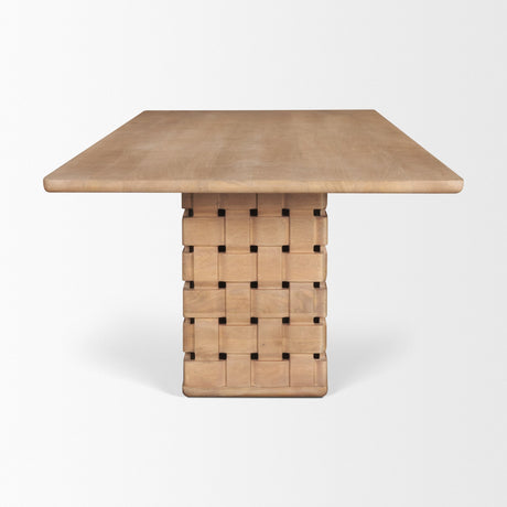 Trellyn 94" Light Brown Solid Wood Carved Woven Base Rectangular Dining Table from Mercana - Luna Furniture