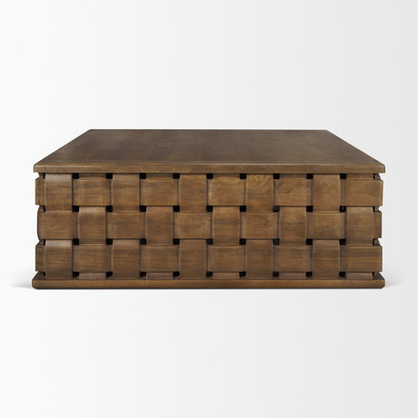 Trellyn 48" Dark Brown Wood w/ Carved Woven Base Square Coffee Table from Mercana - Luna Furniture