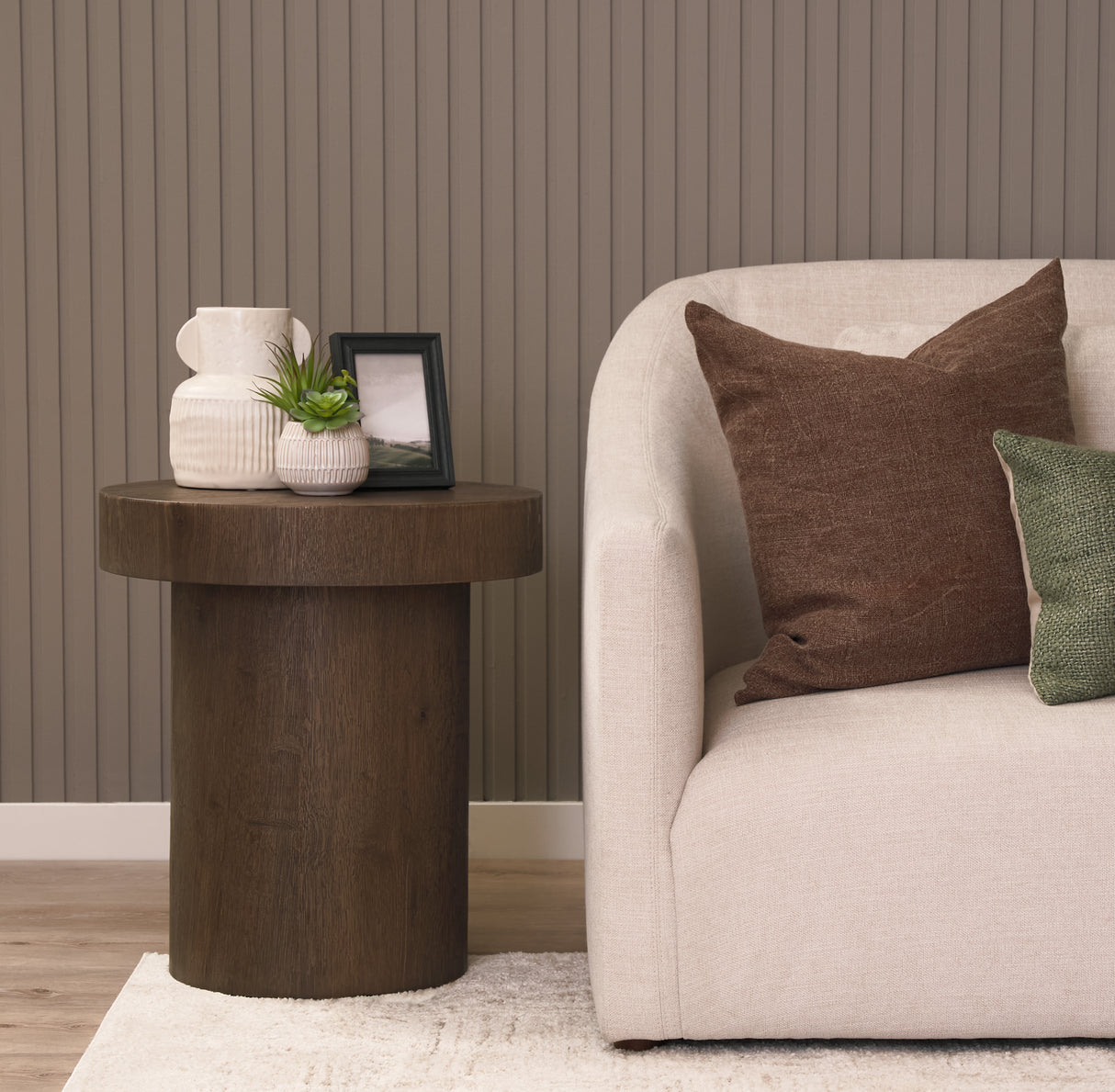 Lyonne Round Medium Brown Oak Wood Pedestal Side Tables from Mercana - Luna Furniture