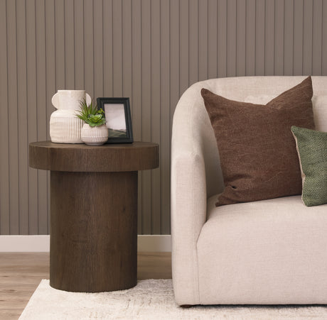 Lyonne Round Medium Brown Oak Wood Pedestal Side Tables from Mercana - Luna Furniture