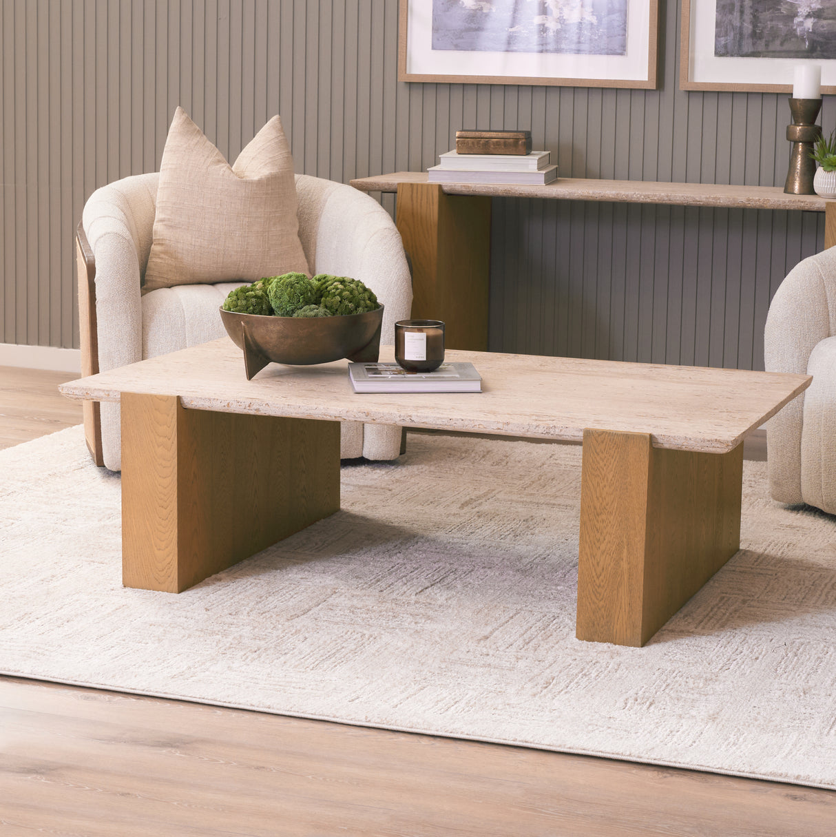 Milos Travertine Top w/ Light Brown Oak Wood Coffee Table from Mercana - Luna Furniture