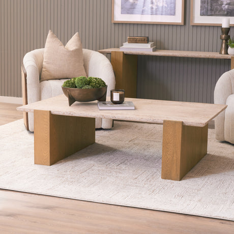 Milos Travertine Top w/ Light Brown Oak Wood Coffee Table from Mercana - Luna Furniture