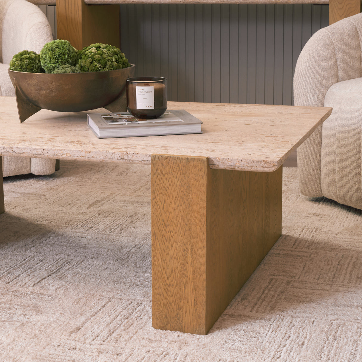Milos Travertine Top w/ Light Brown Oak Wood Coffee Table from Mercana - Luna Furniture