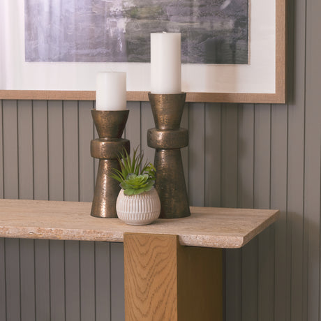 Milos Travertine Top w/ Light Brown Oak Wood Console Table from Mercana - Luna Furniture
