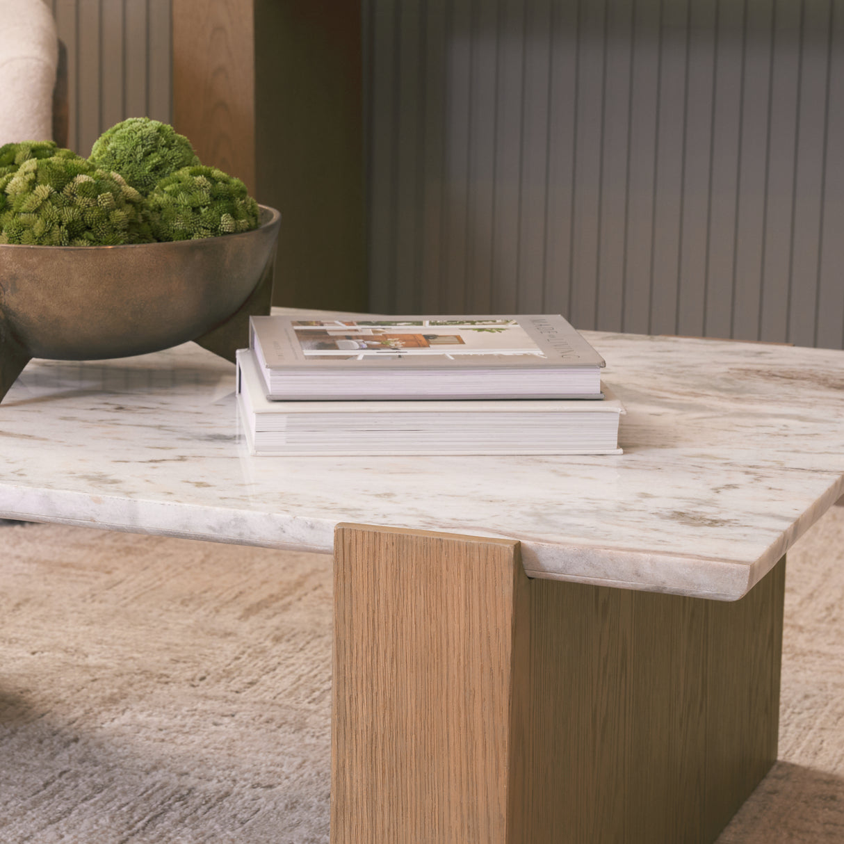 Milos Pink Marble Top w/ Light Brown Oak Wood Coffee Table from Mercana - Luna Furniture