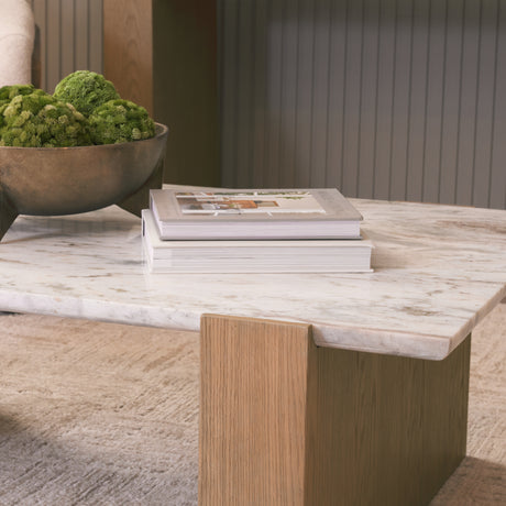 Milos Pink Marble Top w/ Light Brown Oak Wood Coffee Table from Mercana - Luna Furniture